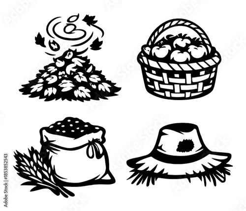 Monochrome harvest symbols featuring apples, wheat, and scarecrow