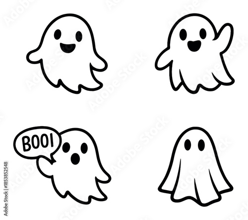 Four cute cartoon ghosts with expressions on gray background