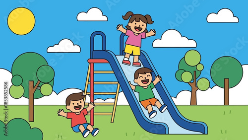 Children playing on a slide in a park on a sunny day.