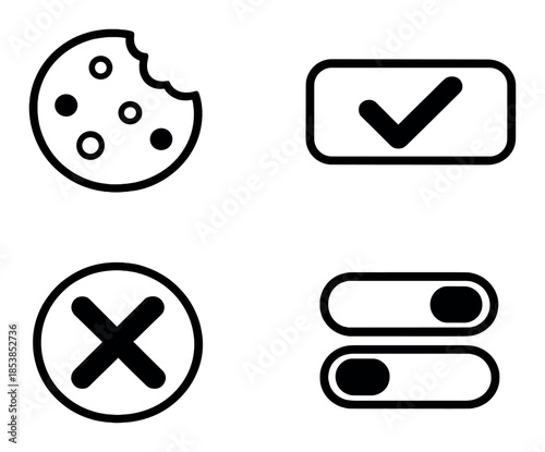 Dark mode ui icons: cookie, checkmark, cross, toggle switch designs