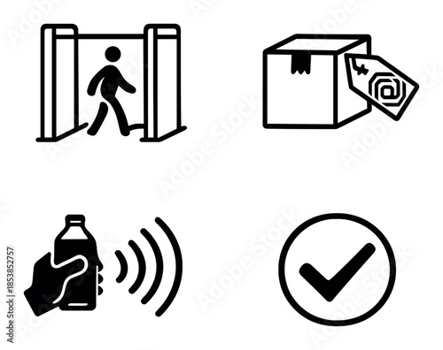 Security icons: metal detector, package, scanning bottle, checkmark