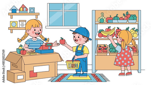 Children playing store with toy fruits and vegetables in a colorful room.