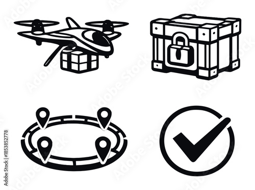 Drone package delivery and logistics icons on gray background