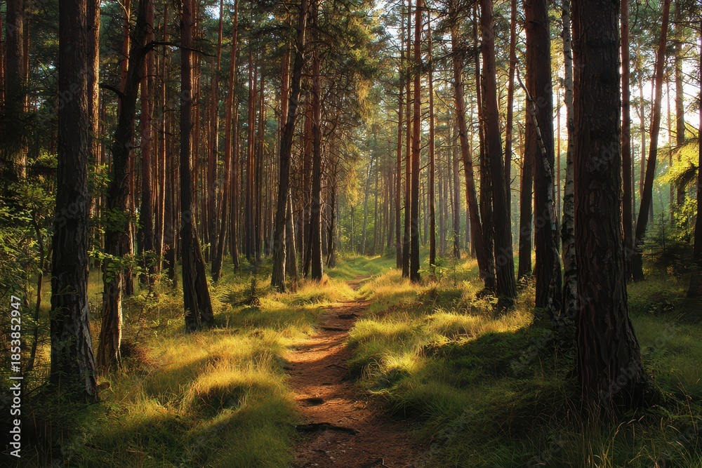 Obraz premium Breezy Pathway Among Sunlit Trees in a Tranquil Forest Landscape