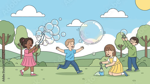 Children playing with bubbles in a park on a sunny day.