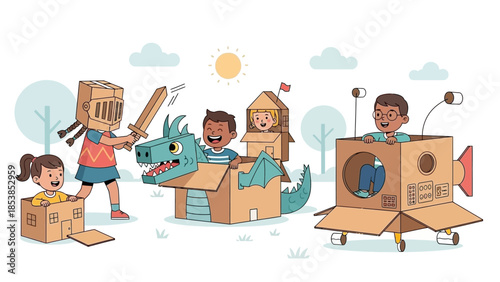 Children playing with cardboard boxes creating imaginative costumes and vehicles.