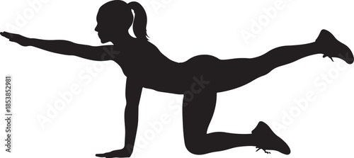 Silhouette of a woman performing Bird Dog exercise for core stability and balance on white background