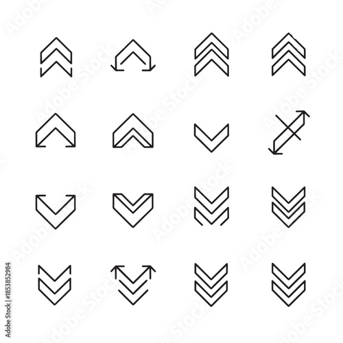 Collection of geometric chevron icons in multiple orientations and styles for design use.