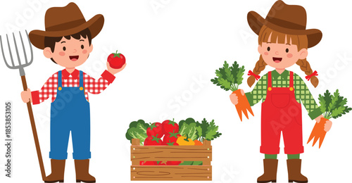 Cartoon children farmers, vegetable harvest, healthy food, kids gardening, farm life, organic produce, agriculture, carrots, tomatoes, crate, countryside, nutrition