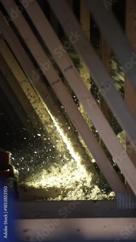 Worker in white coveralls operates a blowing unit in an attic. Title  Worker Blows Cellulose Insulation in Attic with Warm Backlight. Warm light backlights swirling fibers and dust.