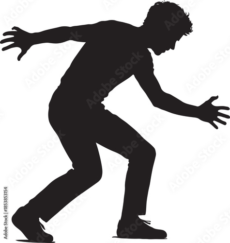 Silhouette of a scared young man backing away in fear or sneaking with caution