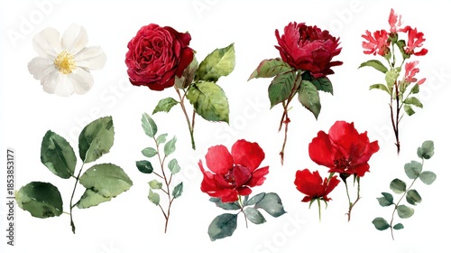Botanical Collection of Red and Burgundy Roses with Leaves and Branches on White Background
