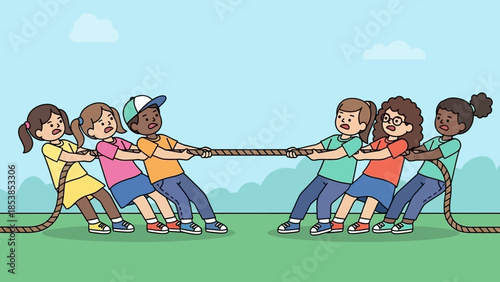 Diverse group of children playing tug-of-war outdoors on a sunny day, showcasing teamwork and fun.