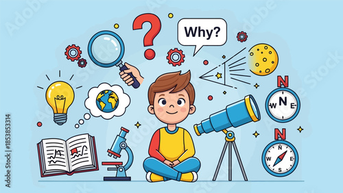 Curious young boy exploring science and knowledge with various tools.