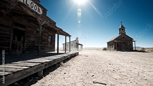 Old western saloon and church in deserted town with sun