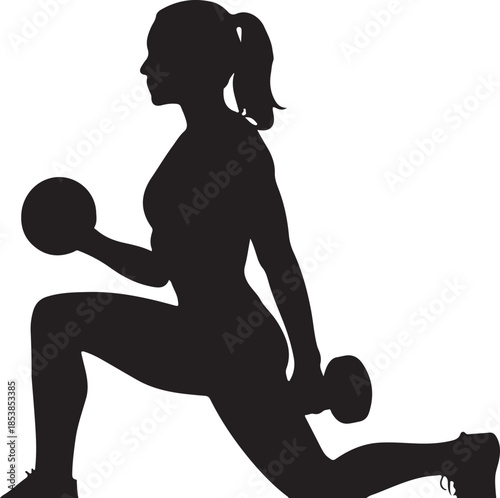 Silhouette of fitness woman doing lunges with dumbbells. Vector illustration of female athlete workout.