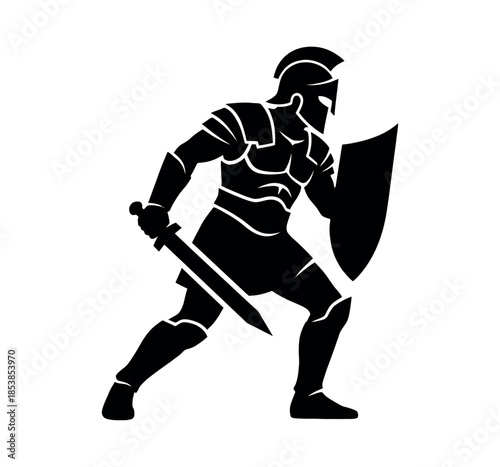 Spartan warrior silhouette with sword and shield vector illustration