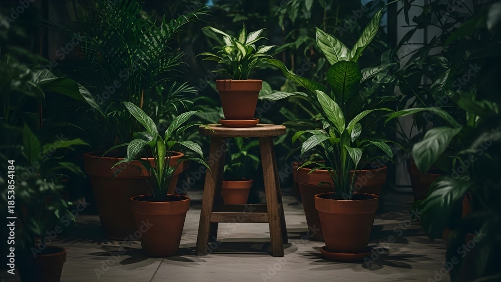 Fototapeta premium Lush Green Potted Plants Displayed on Wooden Stool in a Serene Indoor Garden Setting.