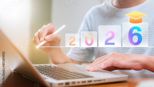 Vision and technology to enhance education in the year 2026. Teenage boy planning to learning.