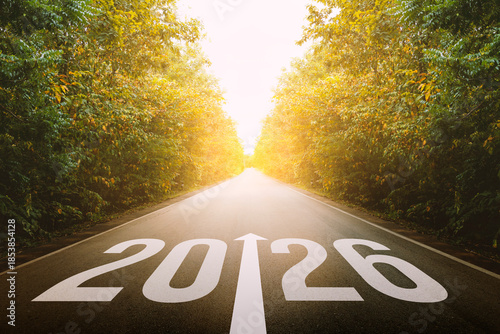 The new year 2026 or straightforward concept. number 2026 written on the road in forest. planning and challenge, business strategy, opportunity, hope, exit, and new life.