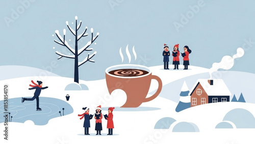 Cozy winter scene with steaming hot chocolate cup people enjoying the snow and a charming house perfect for holiday and seasonal promotions