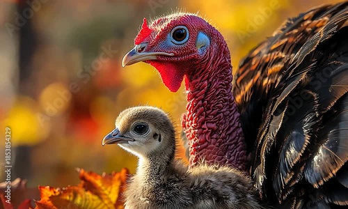 Majestic wild turkey and adorable poult together in a vibrant autumn nature scene.