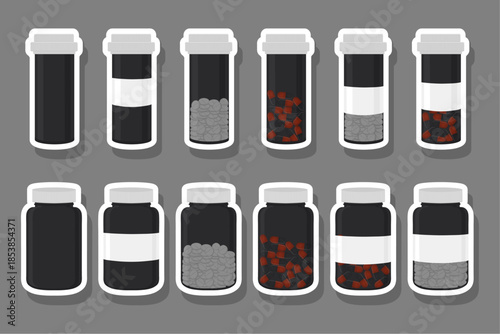 Big colored set different types of pills inside close jar