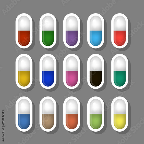 Big colored set different types of pills inside close blister
