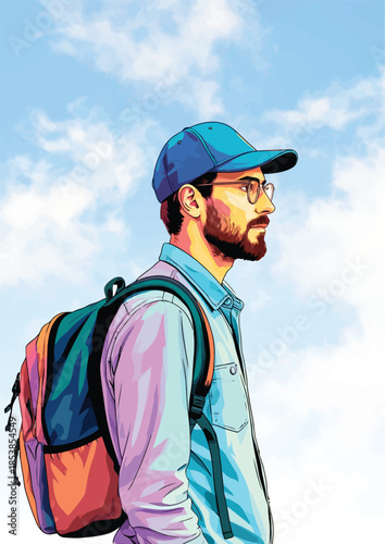 057-09-Man carrying a backpack, wearing a baseball cap and glasses, looking forward with sky background