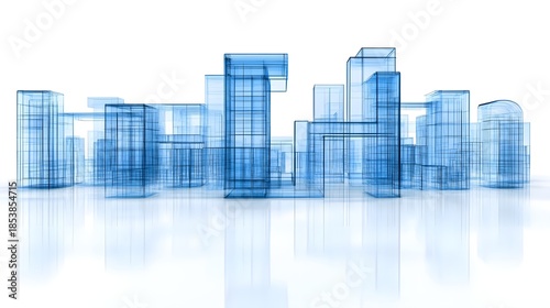 Blue Wireframe Cityscape on White Background.