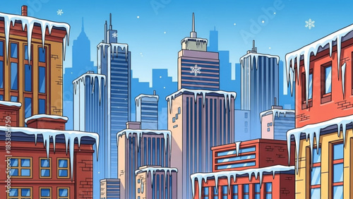 Winter cityscape with icicles hanging from buildings snow falling in a metropolitan area illustration for seasonal concepts