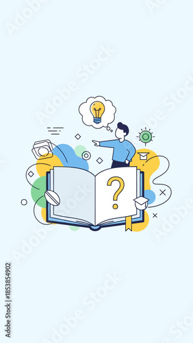 Man discovering knowledge from an open book with a question mark.
