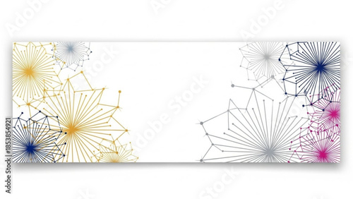 Abstract geometric starburst patterns in gold blue and pink representing network connections and data visualization on a white background