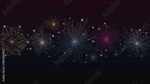 Abstract fireworks display geometric starburst patterns and glowing particles festive celebration background for New Year and holidays