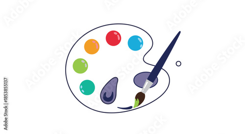 Colorful artist palette with several vibrant paint colors and a paintbrush, perfect for creative and art themes.