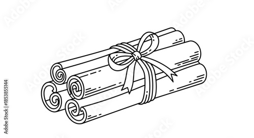 Detailed black and white ink sketch of a bundle of cinnamon sticks tied neatly with a ribbon bow for kitchen themes.