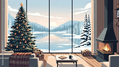 Cozy winter scene with a decorated Christmas tree and fireplace viewed through a large window overlooking a snowy landscape and frozen lake