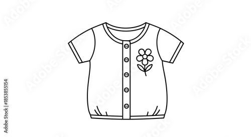 Simple black and white line drawing of a short-sleeved button-down blouse featuring a small floral embroidery.