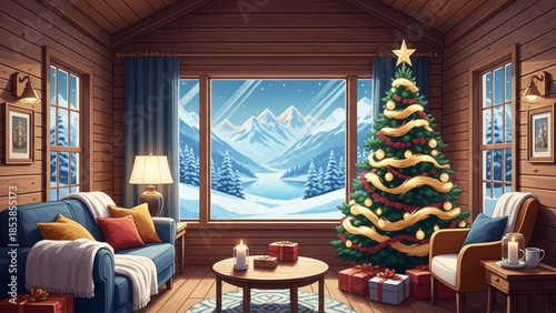 Cozy log cabin living room with Christmas tree and snowy mountain view festive holiday interior for winter season celebration