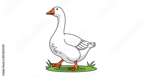 Detailed and realistic cartoon illustration of a white goose standing on a small patch of green grass against a white background.
