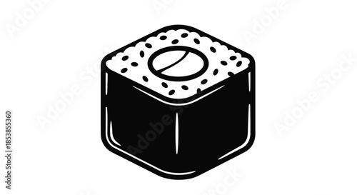 Minimalist black and white icon illustration of a traditional sushi maki roll with rice and seaweed texture on a white background.