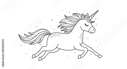 Beautiful black and white line art of a magical unicorn running with its long mane and tail flowing behind it on a white background.