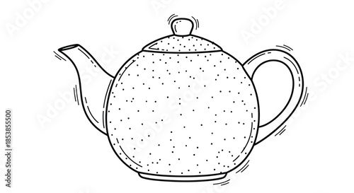 Classic round ceramic teapot with a lid and handle featuring a speckled texture shown in a detailed black and white line art illustration.