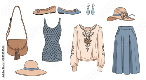 Selection of stylish women fashion items including a handbag, dress, shoes, earrings, hat, and skirt in a coordinated color palette.