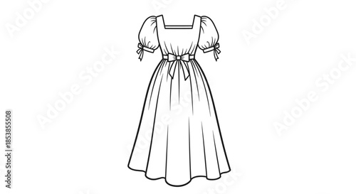 Classic long dress with puffed sleeves and a bow at the waistline depicted in a clean black and white line art fashion illustration.