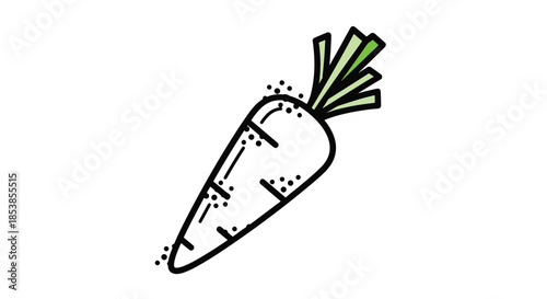 Simple line art drawing of a single carrot vegetable with green leaves on top and speckled textures for a healthy food illustration.