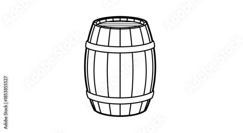 Traditional wooden barrel with metal hoops used for storage of wine or spirits shown in a simple black and white line art drawing.