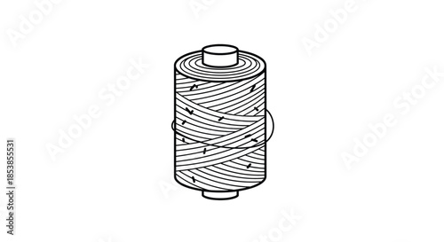 Cylindrical spool of sewing thread with multiple crisscrossing layers shown in a detailed black and white line art illustration.