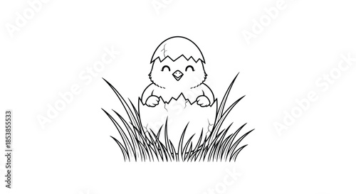 Cute cartoon illustration of a newly hatched yellow chick sitting in its eggshell surrounded by grass in a black and white line art style.