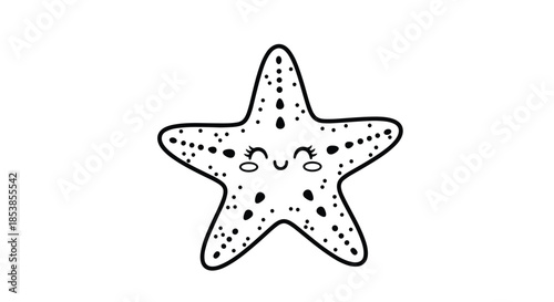Adorable cartoon starfish character with a smiling face and spotted texture shown in a simple black and white line art illustration.